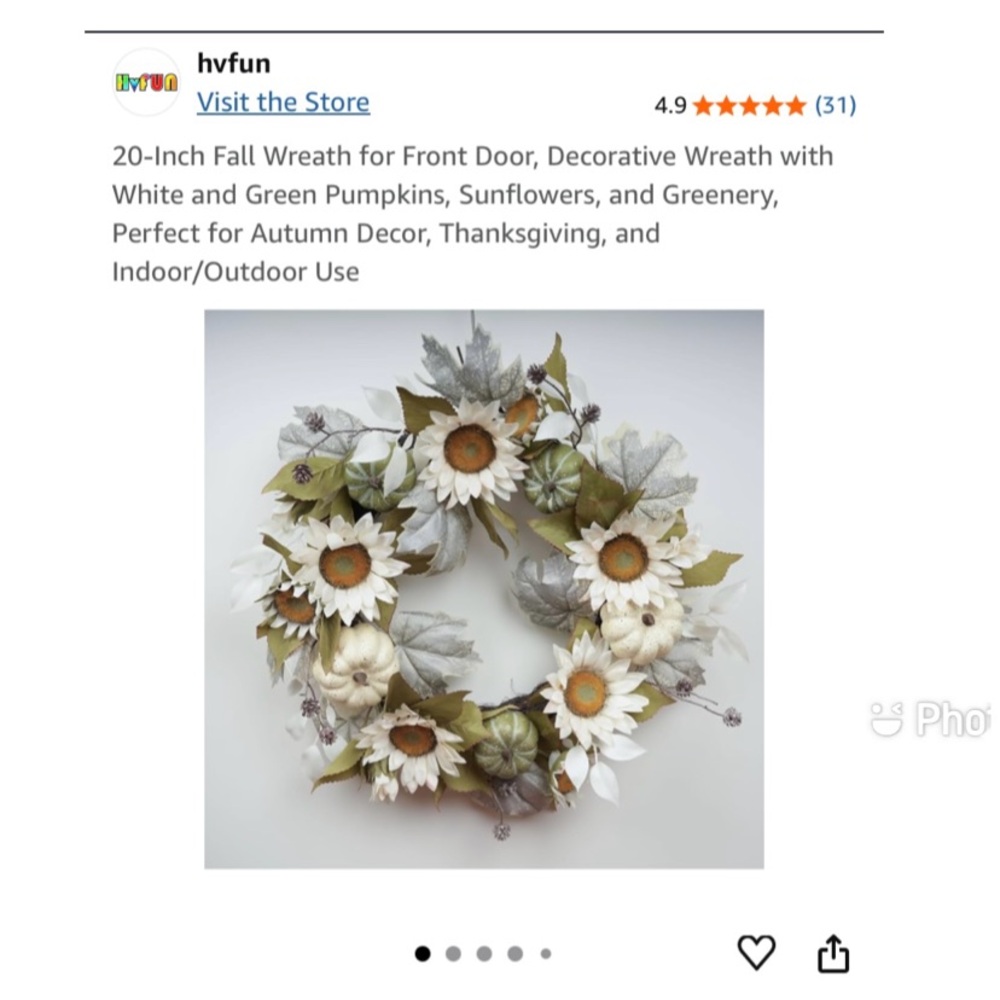 Hvfun : 20”  Fall Wreath with White and Green Accents , Brand New